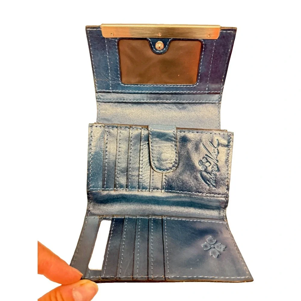 PATRICIA NASH CAMETTI Leather Trifold Wallet Clutch TOOLED‎ BLUE FLORAL NWTS